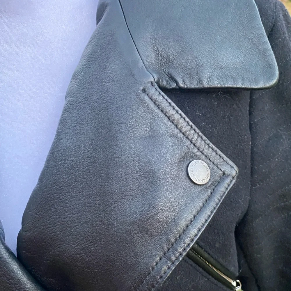 Barbour Black Wool Trench Coat Leather Collar Women's Size 4 - Picture 9 of 14